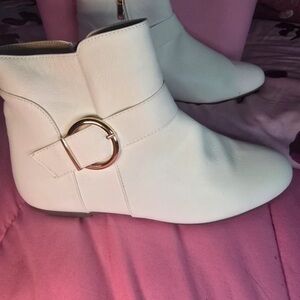 Boots White Ankle Booties with Gold Ring Buckle